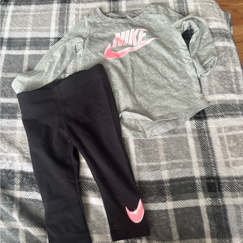 Nike Kids Pink Logo Gray Top and Black Leggings Set